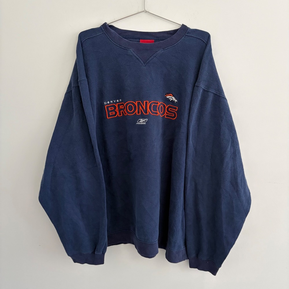 Reebok Denver Broncos Embroidered Crewneck Sweatshirt Navy Blue Mens 2XL